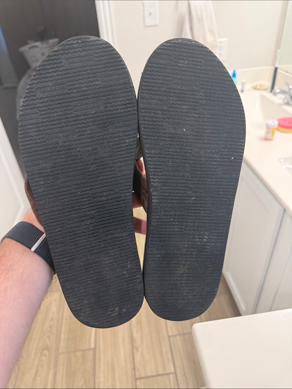 Rainbow Brown Leather Sandals with Contrast Logo Tab - Picture 4 of 4